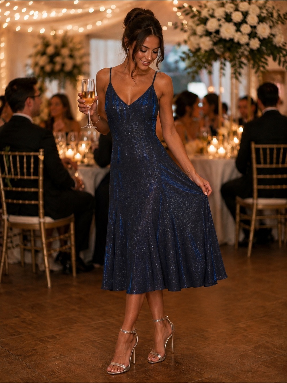 Women's Navy Blue Glitter Fit-and-Flare Dress
